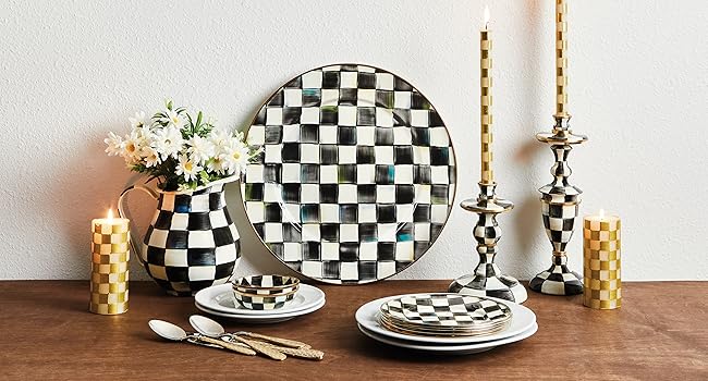 Enamel Pedestal Serving Platter, Decorative Serving Dish for Food, Mini, Black-and-White Courtly Check