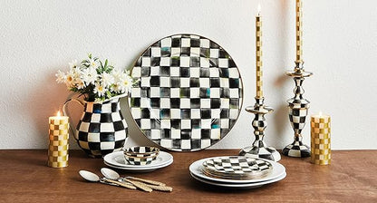 Enamel Pedestal Serving Platter, Decorative Serving Dish for Food, Mini, Black-and-White Courtly Check