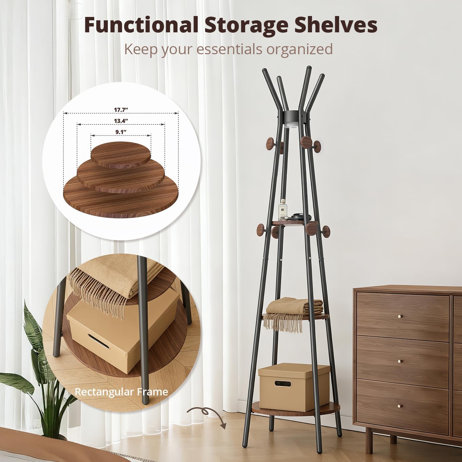 young master Coat Rack, Freestanding Coat Rack with 3 Shelves and 12 Hooks, Coat tree with Motion Sensor Light for Entryway, Livingroom, Hall Tree Free Standing for Coats, Scarves, Handbags, Black