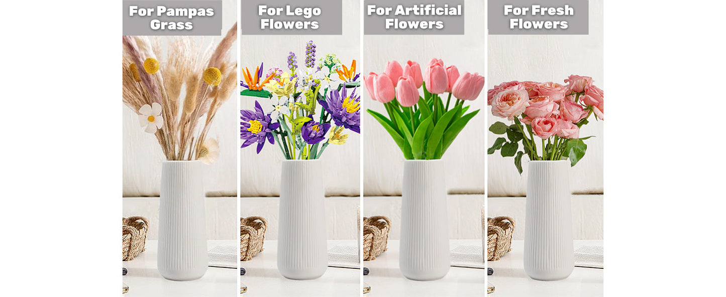 Ceramic Vase for Flower, Matte Black Ribbed Ceramic Vase for Home Decor, Nordic Minimalist Vase for Pampas Grass, Flowers Vases for Kitchen, Living Room, Bedroom, Office, Shelf Table (White)