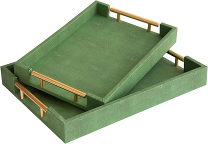 Modern Decorative Tray Set of 2 Ivory Shagreen Leather and Wood Serving Tray with Gold Polished Metal Handles for Ottoman, Coffee Table, Bathroom and More