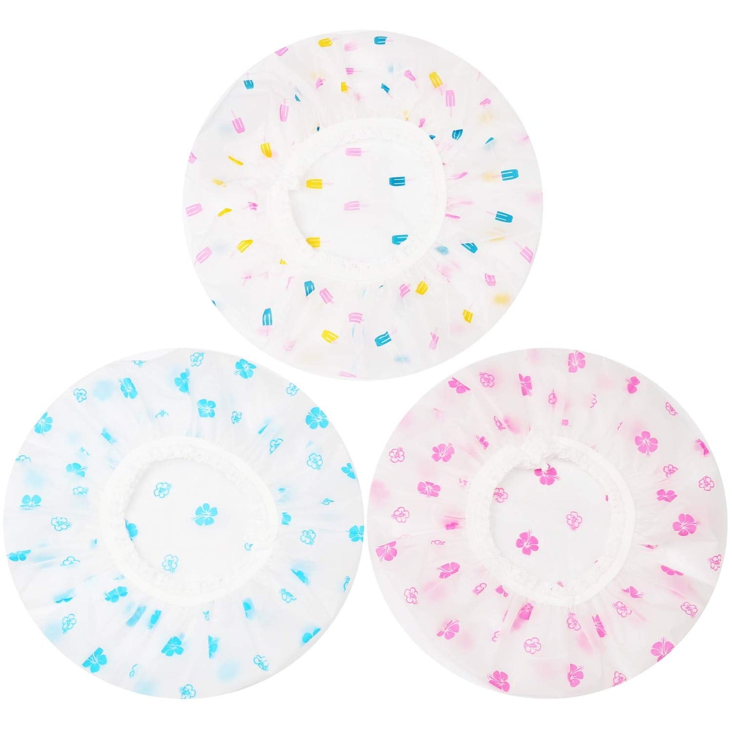 Shower Caps, 3 Pcs Plastic Reusable Shower Caps Elastic Band Bath Caps for Women Ladies Spa Salon