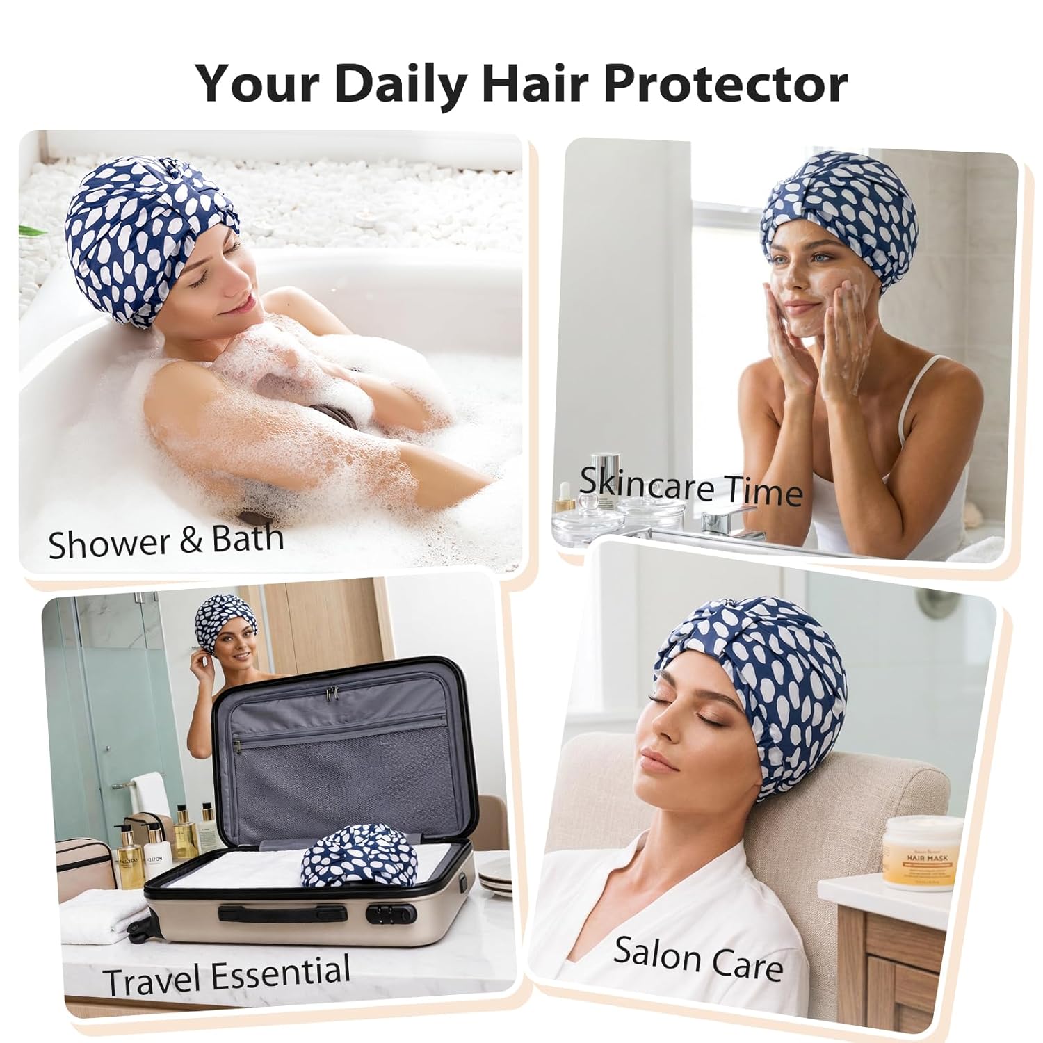 Luxury Shower Cap for Women Reusable Waterproof, Double Layered Shower Hair Cap with Adjustable Elastic Strap, Large Satin Lined Shower Bath Cap for Long Curly Straight Hair, Blue