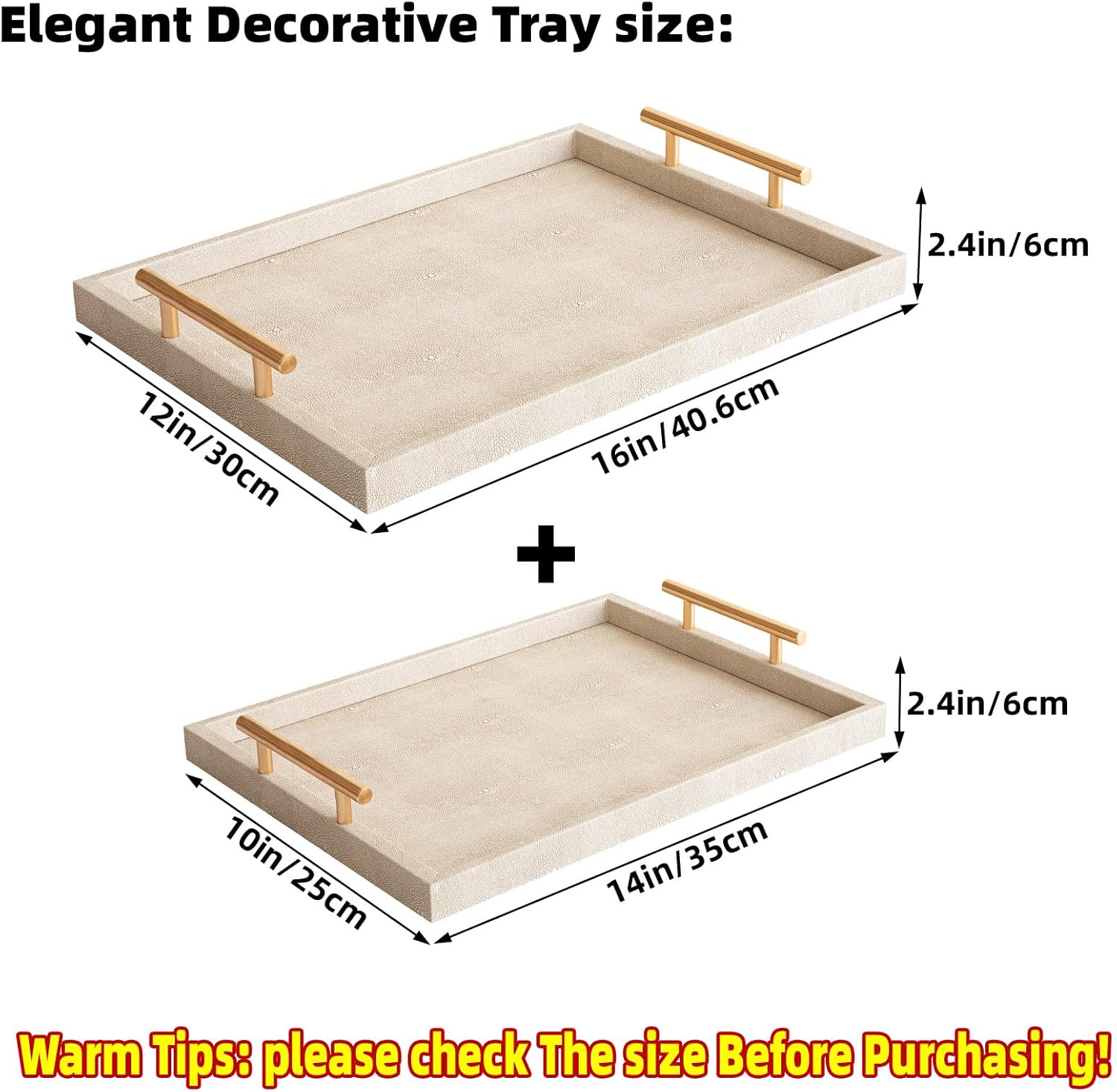 Modern Decorative Tray Set of 2 Ivory Shagreen Leather and Wood Serving Tray with Gold Polished Metal Handles for Ottoman, Coffee Table, Bathroom and More