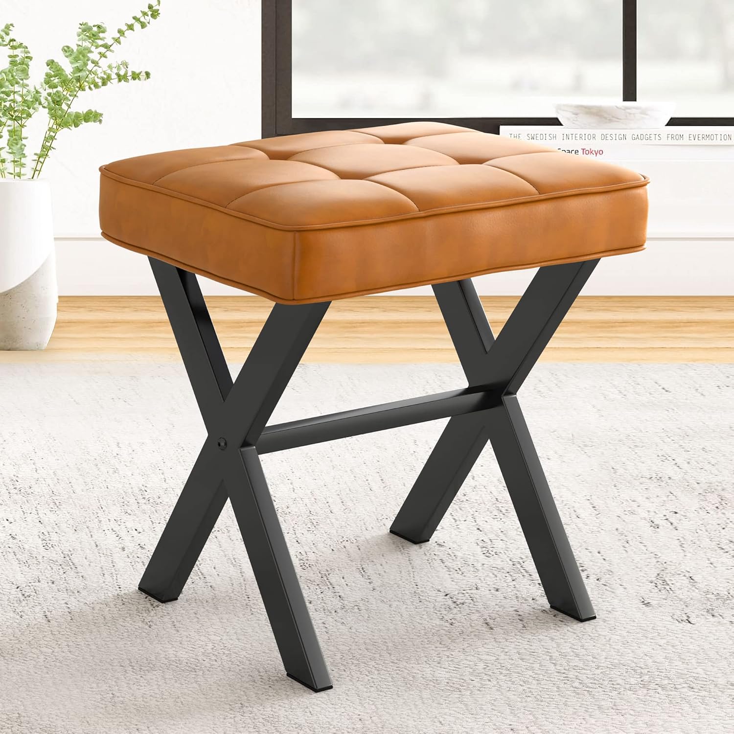 Vanity Stool, Square Linen Makeup Stool with Metal X Legs, Small Ottoman Stool Chair for Vanity, Modern Padded Vanity Seat Foot Rest Stool for Makeup Room, Living Room, Bathroom, Carbon Gray