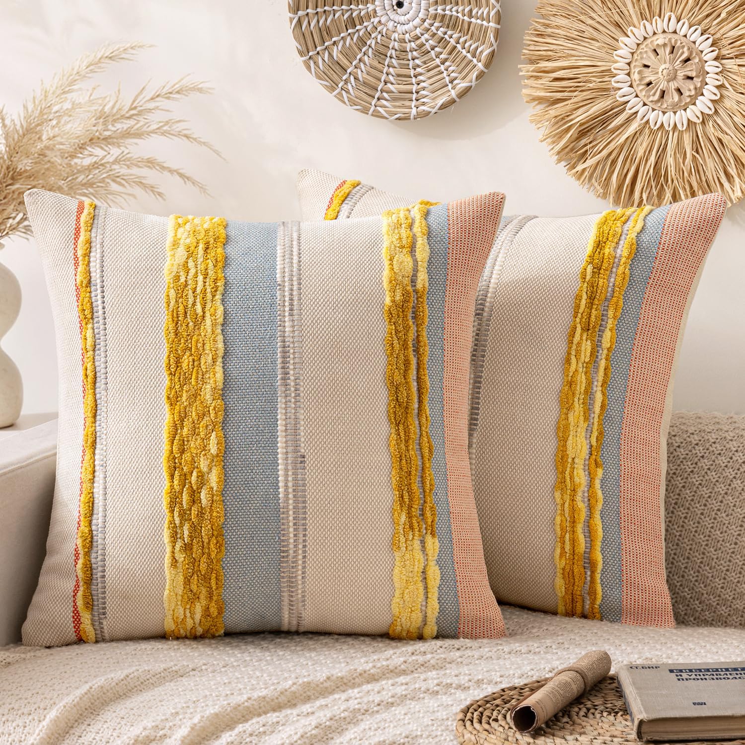 ANRODUO Pack of 2 Boho Decorative Throw Pillow Covers 18x18 Farmhouse Cushion Case Striped Chenille Pillow Cases Square Pillow Covers Accent Neutral Pillowcase for Sofa Couch Bed, Olive Green Stripe