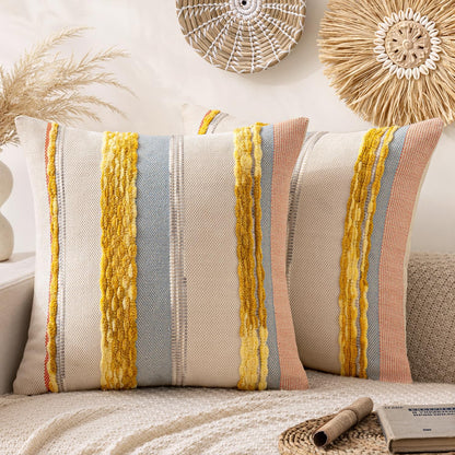 ANRODUO Pack of 2 Boho Decorative Throw Pillow Covers 18x18 Farmhouse Cushion Case Striped Chenille Pillow Cases Square Pillow Covers Accent Neutral Pillowcase for Sofa Couch Bed, Olive Green Stripe