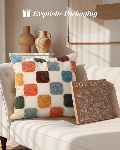 Embroidered Throw Pillow Cover 18x18 Inch - Modern Geometric Decorative Pillow Cover with Zipper for Sofa Couch Living Room Chair Car Aesthetic Design Cushion Pillowcase, Colorful Checkered