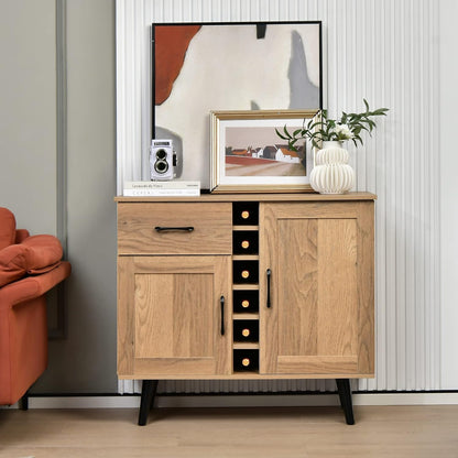Giantex Bar Cabinet, Buffet Sideboard for 6 Wine Bottles, Wood Pantry Cupboard with Storage Drawer, 2 Door Cabinets, Anti-Toppling Devices, Credenza Organizer for Living Room Kitchen (Oak)