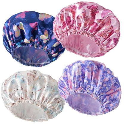 4 PCS Shower Caps for Women, Elastic and Reusable Bath Caps, Double Waterproof Layers Shower Cap, Bathing Shower Caps, Environmental Protection Hair Bath Hat - Printed Color
