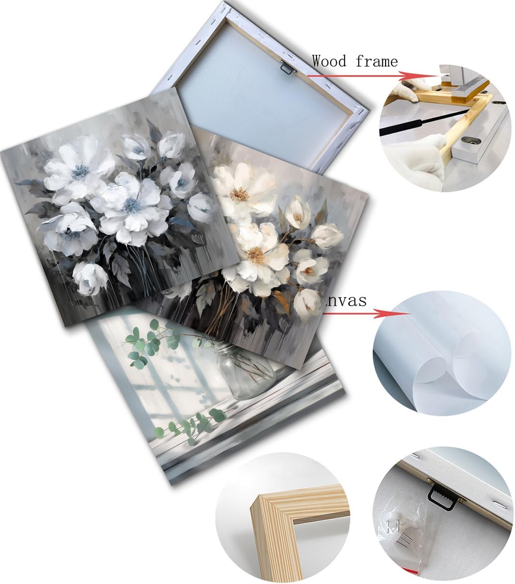 Bathroom Canvas Wall Art, Bathroom Wall Decor,Living Room, Bedroom,Office,Small Gray and White Blue Flower Wall Decoration, 12x12 inches