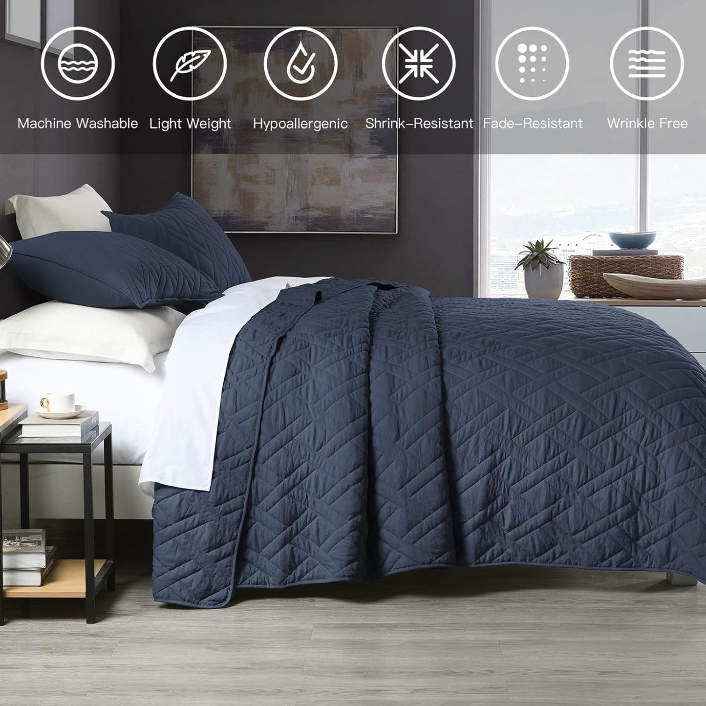 HOME Quilt Set Queen Size Navy Blue, Classic Geometric Diamond Stitched Pattern, Ultra Soft Microfiber Lightweight Bedding Bedspread Coverlet for All Season with 1 Quilt 2 Pillow Shams
