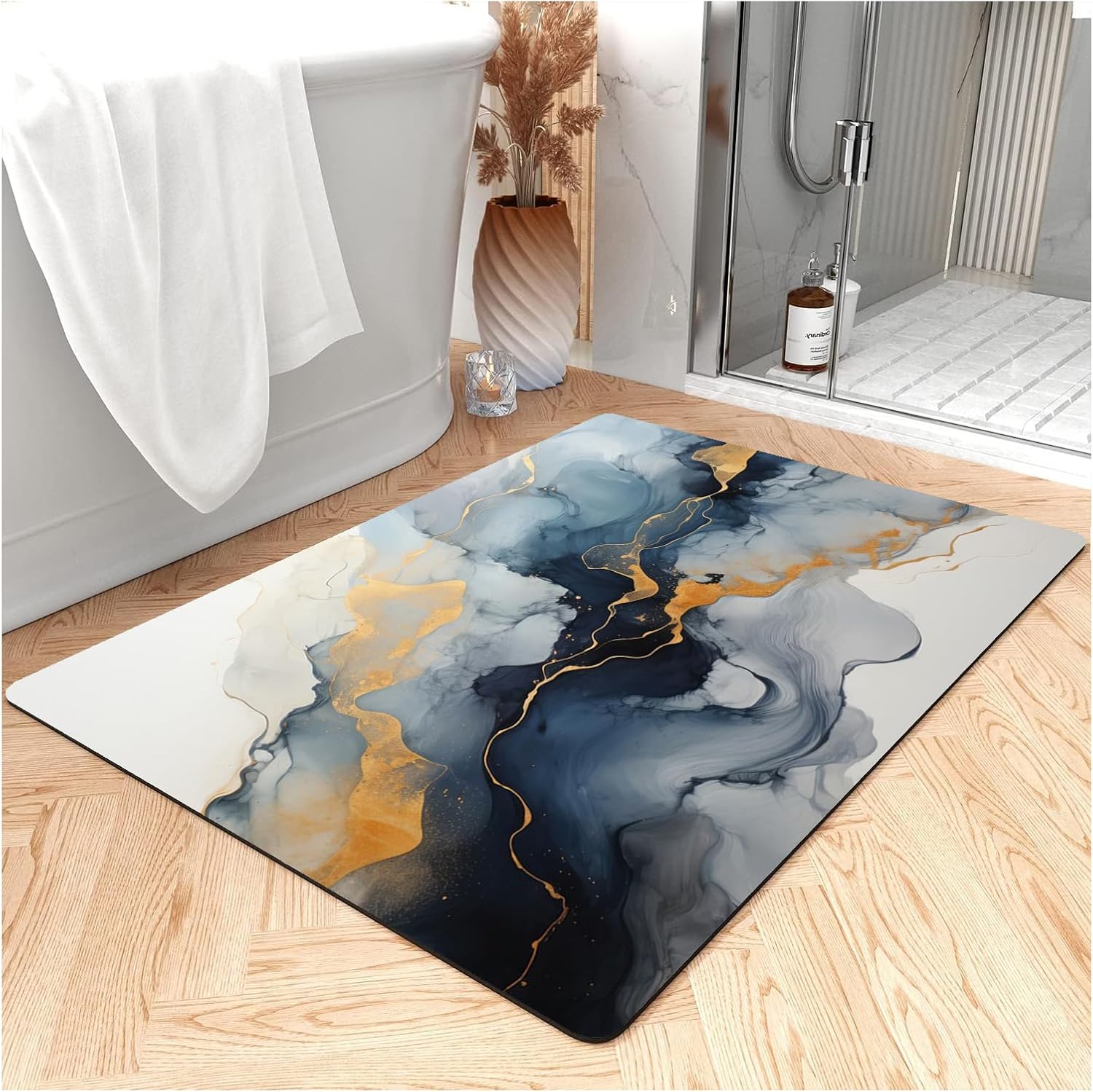 Thin Bath Mat, Diatomaceous Earth Shower Mat Non Slip Instantly Removes Water Drying Fast Bathroom Mat Modern Abstract Wave Marble Texture Easy to Clean (3x5ft/36x60in/90x150cm, Pink)