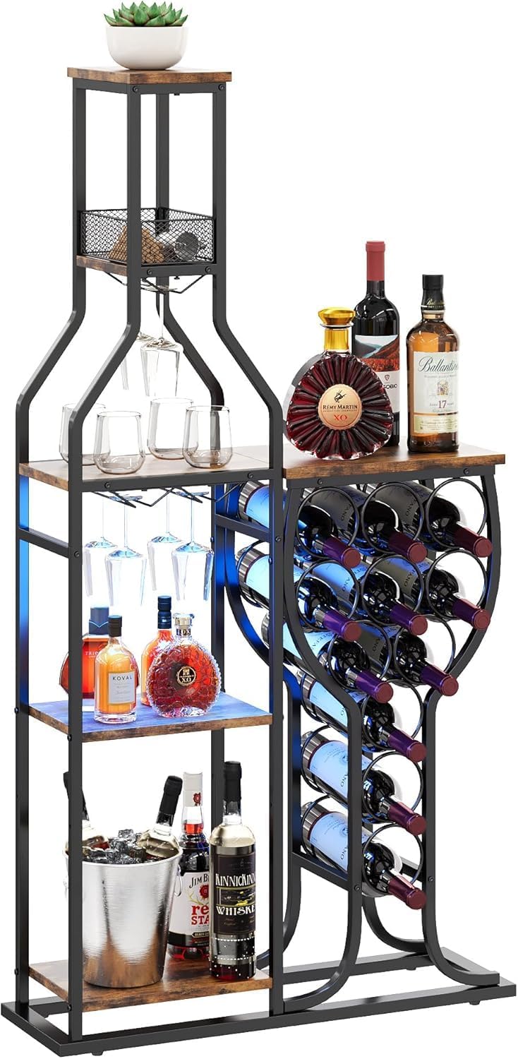 HavenlyYouth Liquor Cabinet for Home Bar, 5-Tier Wine Rack Freestanding Floor with Wine Glass Holder, Mini Bar Stand with 11 Wine Bottles, Bar Table with Storage for Living Room, Kitchen