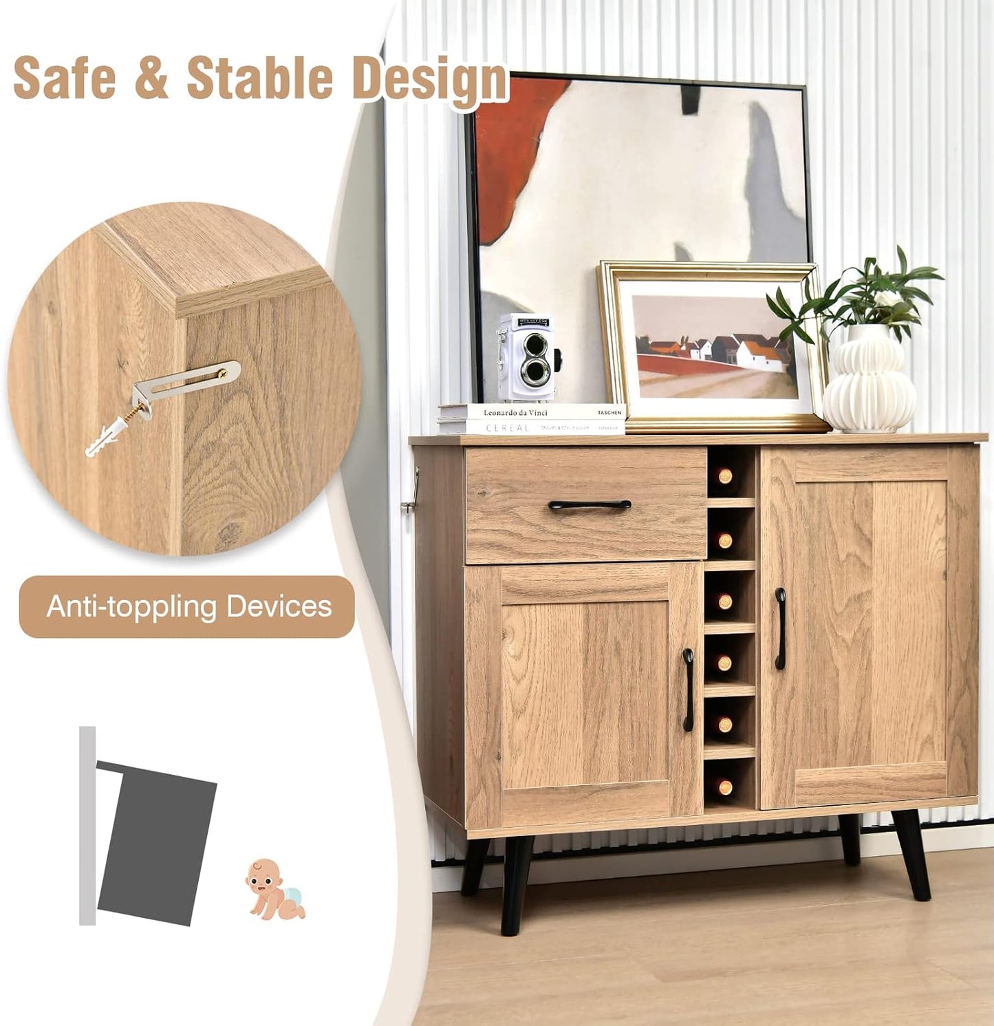 Giantex Bar Cabinet, Buffet Sideboard for 6 Wine Bottles, Wood Pantry Cupboard with Storage Drawer, 2 Door Cabinets, Anti-Toppling Devices, Credenza Organizer for Living Room Kitchen (Oak)