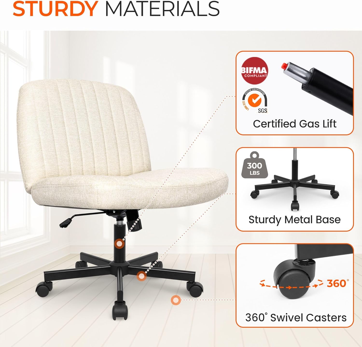 Chair Wheels Wide Cross Legged Office Desk Vanity Chair Comfy Fabric Armless Adjustable Swivel for Home Computer Task (Beige Wheel, Fabric)
