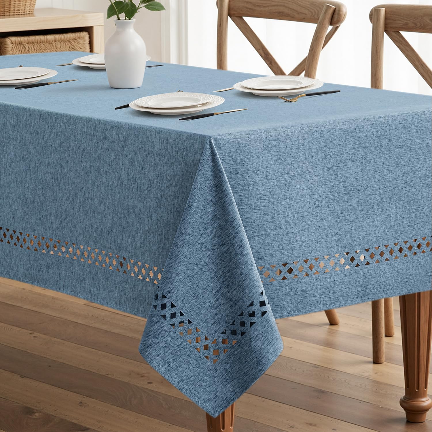 Beige Rectangle Linen Polyester Tablecloth with Decorative Cutouts Spring Waterproof Stain Resistant & Shrink-Proof Table Cloth 52x70 inch Farmhouse Style for Dining Wedding and Outdoor