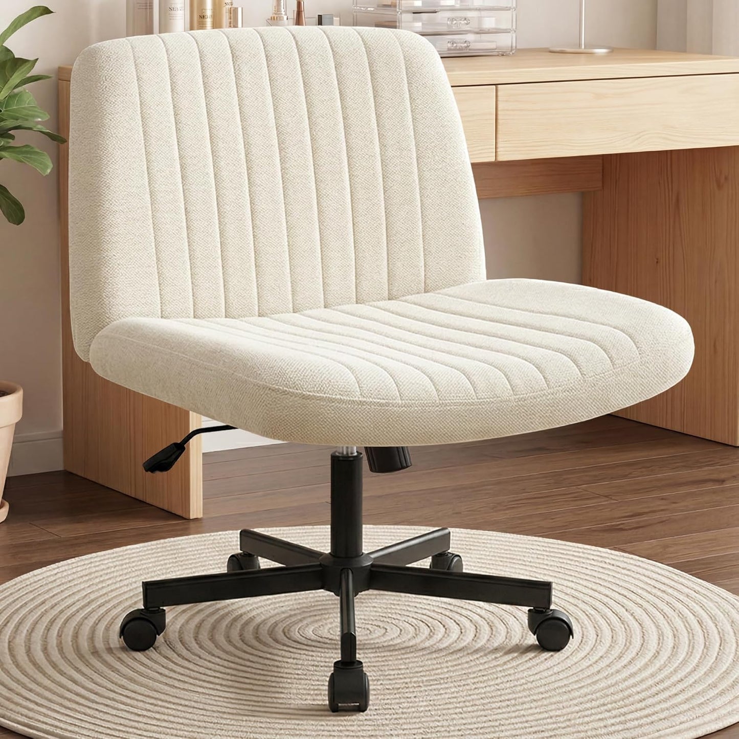 Chair Wheels Wide Cross Legged Office Desk Vanity Chair Comfy Fabric Armless Adjustable Swivel for Home Computer Task (Beige Wheel, Fabric)