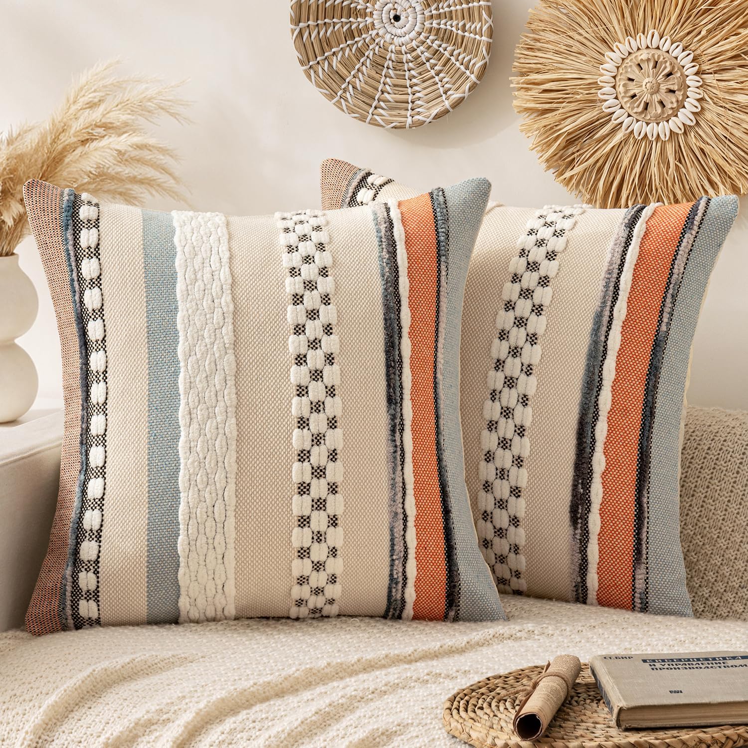 ANRODUO Pack of 2 Boho Decorative Throw Pillow Covers 18x18 Farmhouse Cushion Case Striped Chenille Pillow Cases Square Pillow Covers Accent Neutral Pillowcase for Sofa Couch Bed, Olive Green Stripe