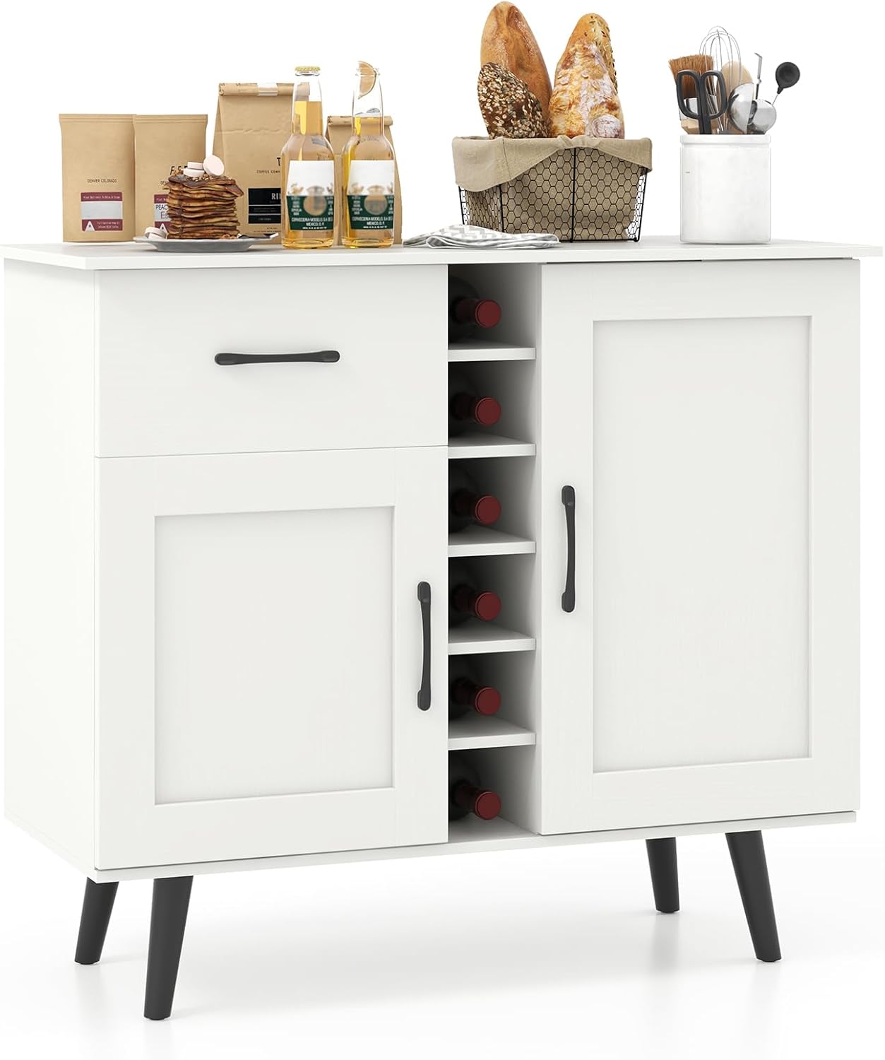 Giantex Bar Cabinet, Buffet Sideboard for 6 Wine Bottles, Wood Pantry Cupboard with Storage Drawer, 2 Door Cabinets, Anti-Toppling Devices, Credenza Organizer for Living Room Kitchen (Oak)