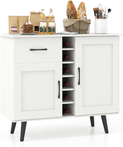 Giantex Bar Cabinet, Buffet Sideboard for 6 Wine Bottles, Wood Pantry Cupboard with Storage Drawer, 2 Door Cabinets, Anti-Toppling Devices, Credenza Organizer for Living Room Kitchen (Oak)