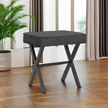Vanity Stool, Square Linen Makeup Stool with Metal X Legs, Small Ottoman Stool Chair for Vanity, Modern Padded Vanity Seat Foot Rest Stool for Makeup Room, Living Room, Bathroom, Carbon Gray