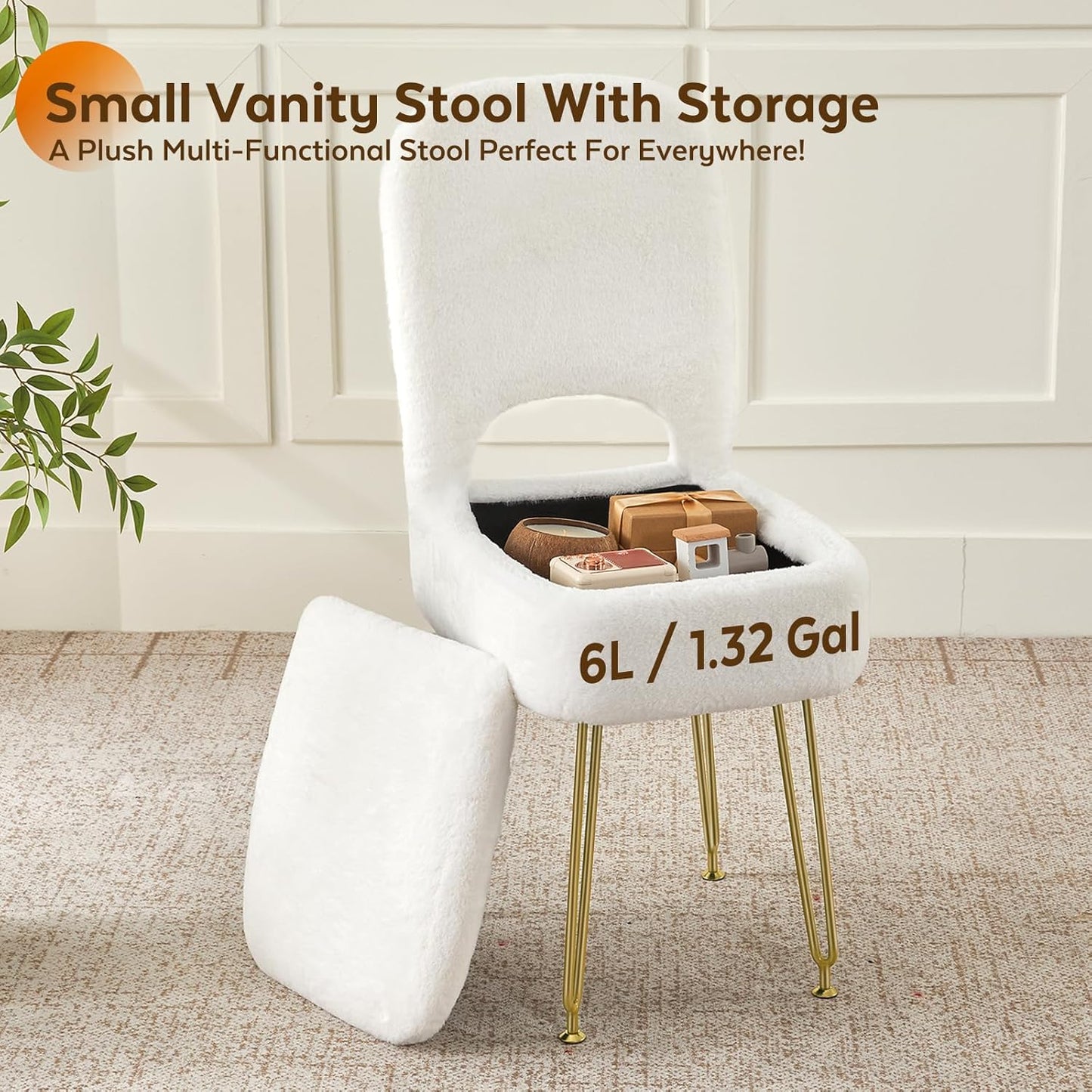 Vanity Chair with Storage and Folding Back, Faux Fur Square Storage Chair, Vanity Stool Chair with 4 Metal Legs for Bedroom, Living Room and Makeup Stations, 13.4"x 15"x 30", White
