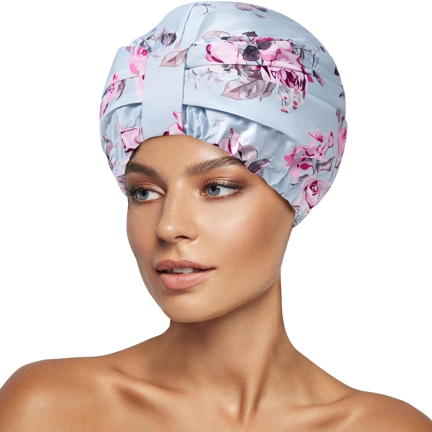 Luxury Shower Cap for Women Reusable Waterproof, Double Layered Shower Hair Cap with Adjustable Elastic Strap, Large Satin Lined Shower Bath Cap for Long Curly Straight Hair, Blue