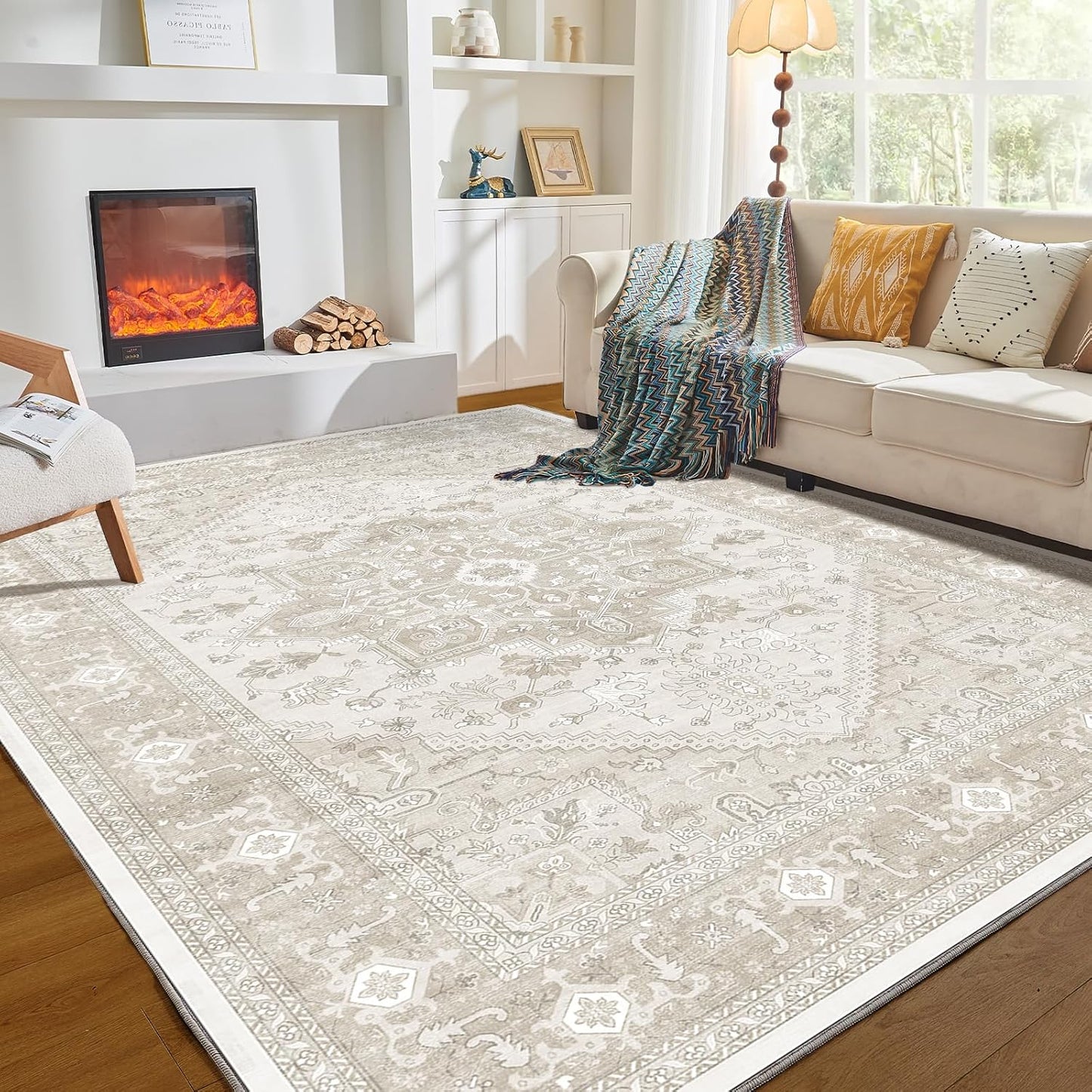 Soft Area Rugs 5x7, 5x7 Washable Rug with Non Slip Backing, 5 x 7 Faux Cashmere Low-Pile Carpet, Navy Blue & Gold