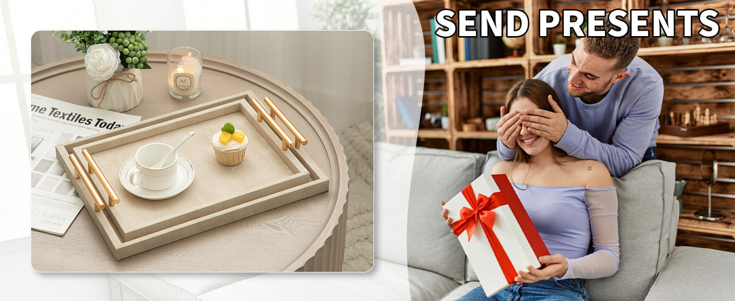 Modern Decorative Tray Set of 2 Ivory Shagreen Leather and Wood Serving Tray with Gold Polished Metal Handles for Ottoman, Coffee Table, Bathroom and More