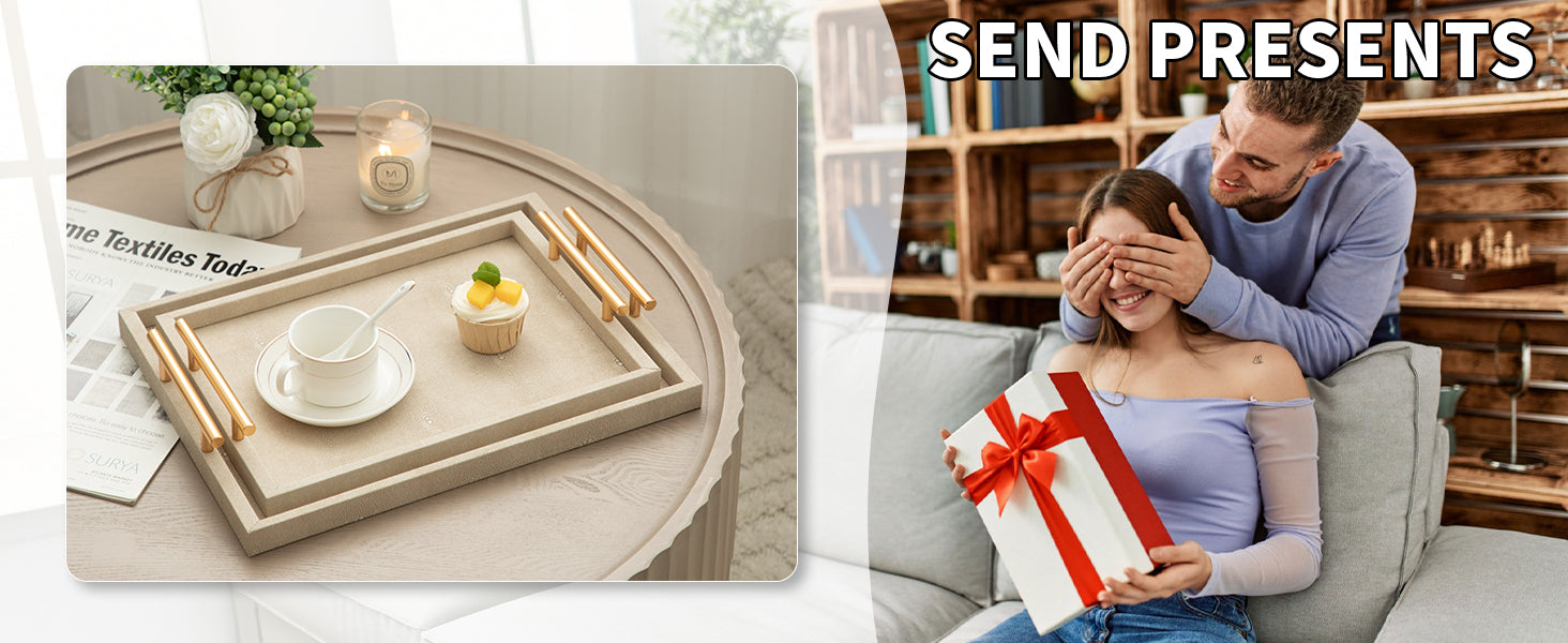 Modern Decorative Tray Set of 2 Ivory Shagreen Leather and Wood Serving Tray with Gold Polished Metal Handles for Ottoman, Coffee Table, Bathroom and More