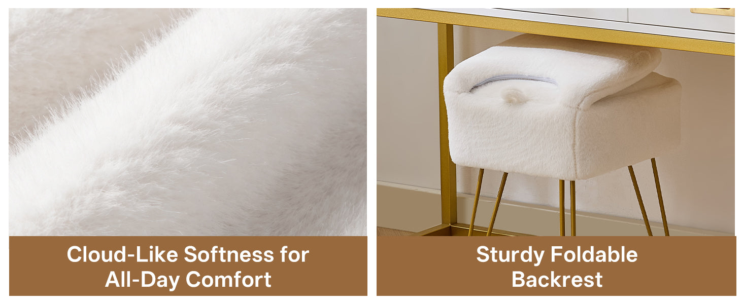 White Vanity Chair with Storage, Folding Back Faux Fur Vanity Stool, Makeup Ottoman with Gold Legs for Bedroom/Bathroom