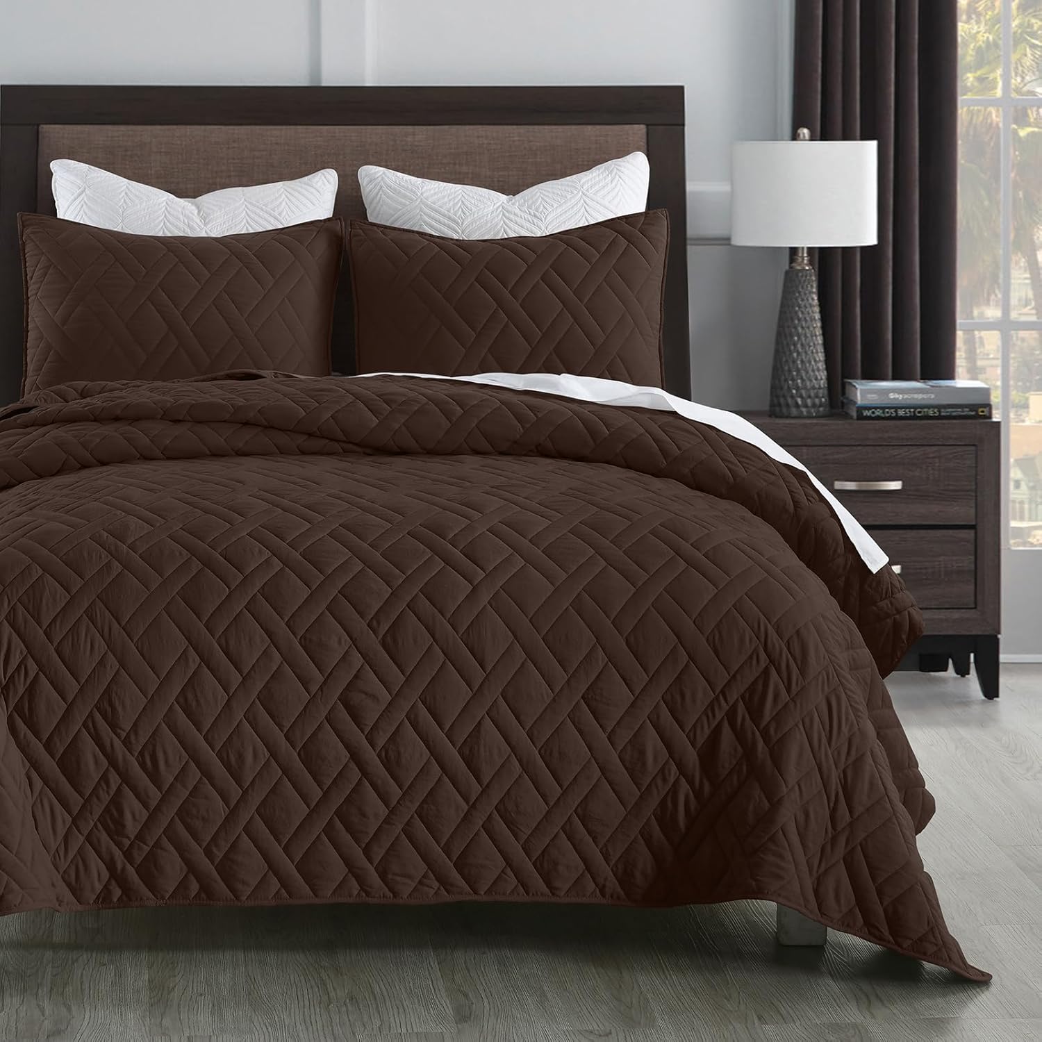 HOME Quilt Set Queen Size Navy Blue, Classic Geometric Diamond Stitched Pattern, Ultra Soft Microfiber Lightweight Bedding Bedspread Coverlet for All Season with 1 Quilt 2 Pillow Shams