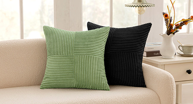 Black Decorative Throw Pillow Covers 18x18 Inch for Couch Bed Sofa Pack of 2 Boho Farmhouse Throw Pillows Soft Cross Corduroy Patchwork Textured Cushion Cases