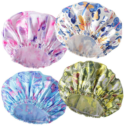 4 PCS Shower Caps for Women, Elastic and Reusable Bath Caps, Double Waterproof Layers Shower Cap, Bathing Shower Caps, Environmental Protection Hair Bath Hat - Printed Color