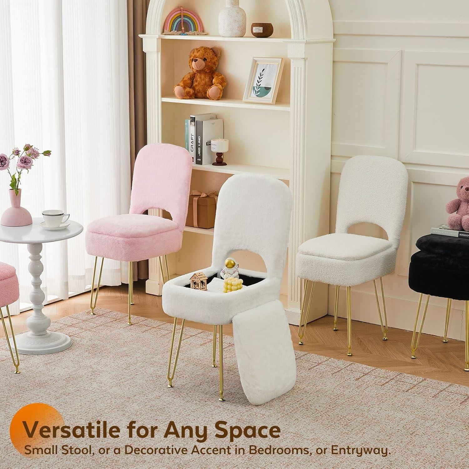 Vanity Chair with Storage and Folding Back, Faux Fur Square Storage Chair, Vanity Stool Chair with 4 Metal Legs for Bedroom, Living Room and Makeup Stations, 13.4"x 15"x 30", White