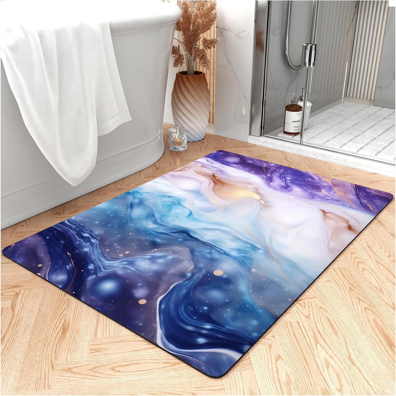 Thin Bath Mat, Diatomaceous Earth Shower Mat Non Slip Instantly Removes Water Drying Fast Bathroom Mat Modern Abstract Wave Marble Texture Easy to Clean (3x5ft/36x60in/90x150cm, Pink)