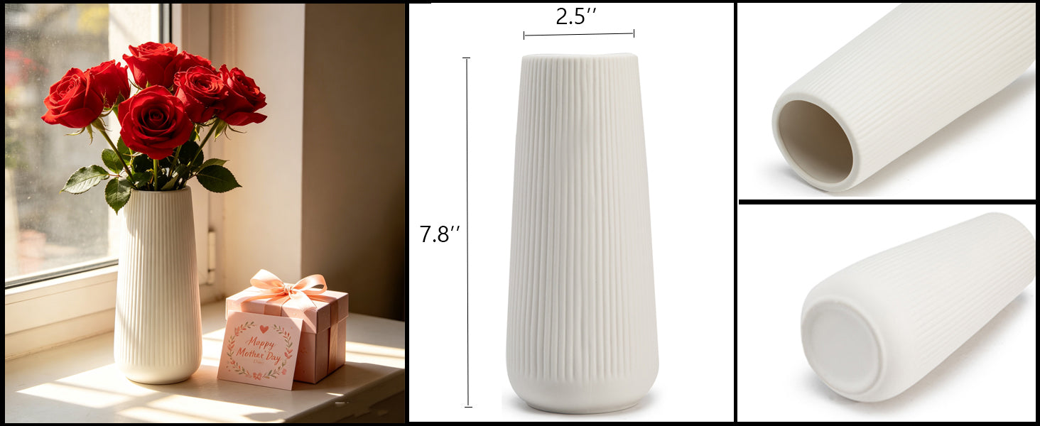 Ceramic Vase for Flower, Matte Black Ribbed Ceramic Vase for Home Decor, Nordic Minimalist Vase for Pampas Grass, Flowers Vases for Kitchen, Living Room, Bedroom, Office, Shelf Table (White)