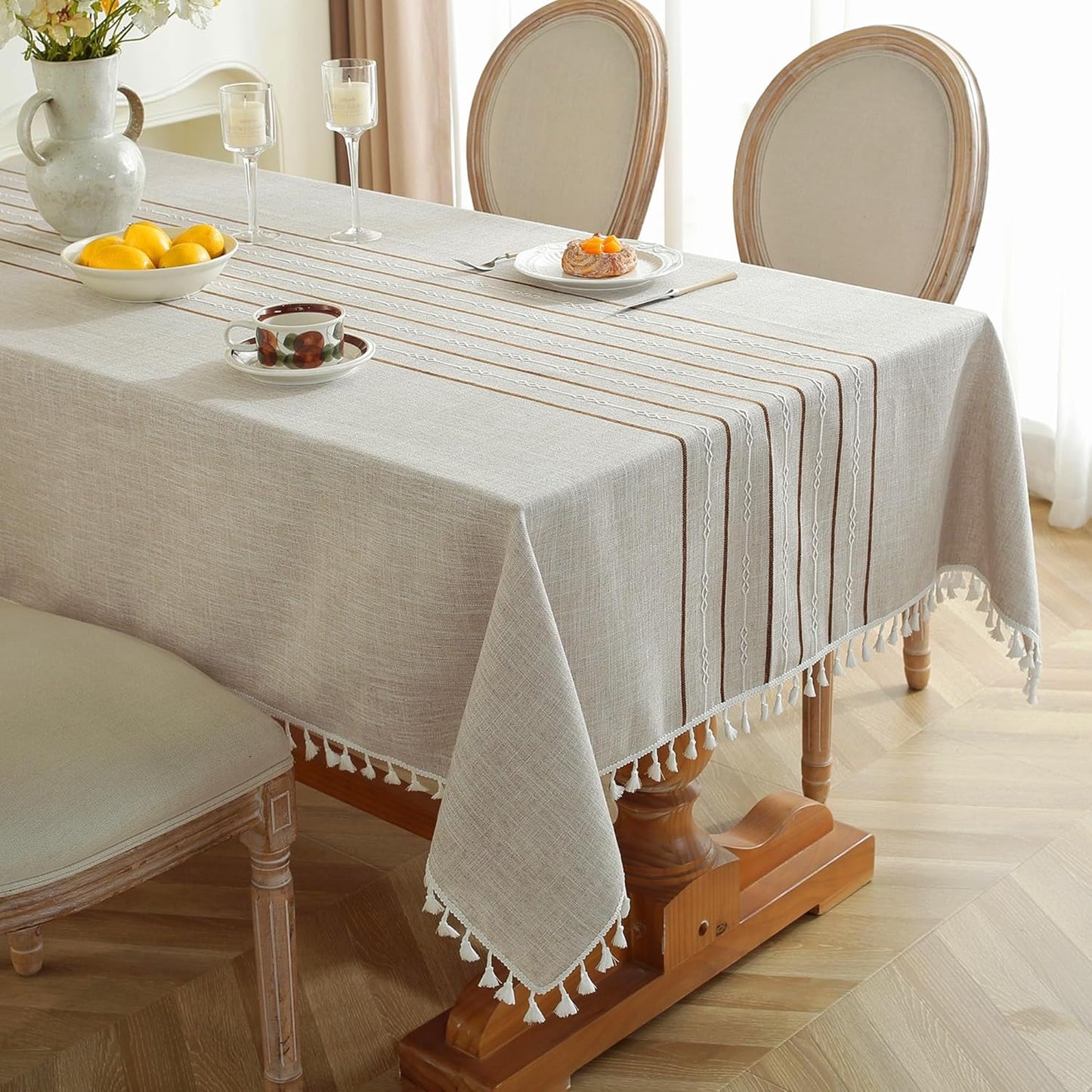 Tablecloths for Rectangle Tables, Cotton Linen Table Cloth Waterproof Tablecloth Wrinkle Free Farmhouse Dining Tables Cover, Soft Fabric Table Cloths with Tassels, Brown, 55" X 70", 4-6 Seats